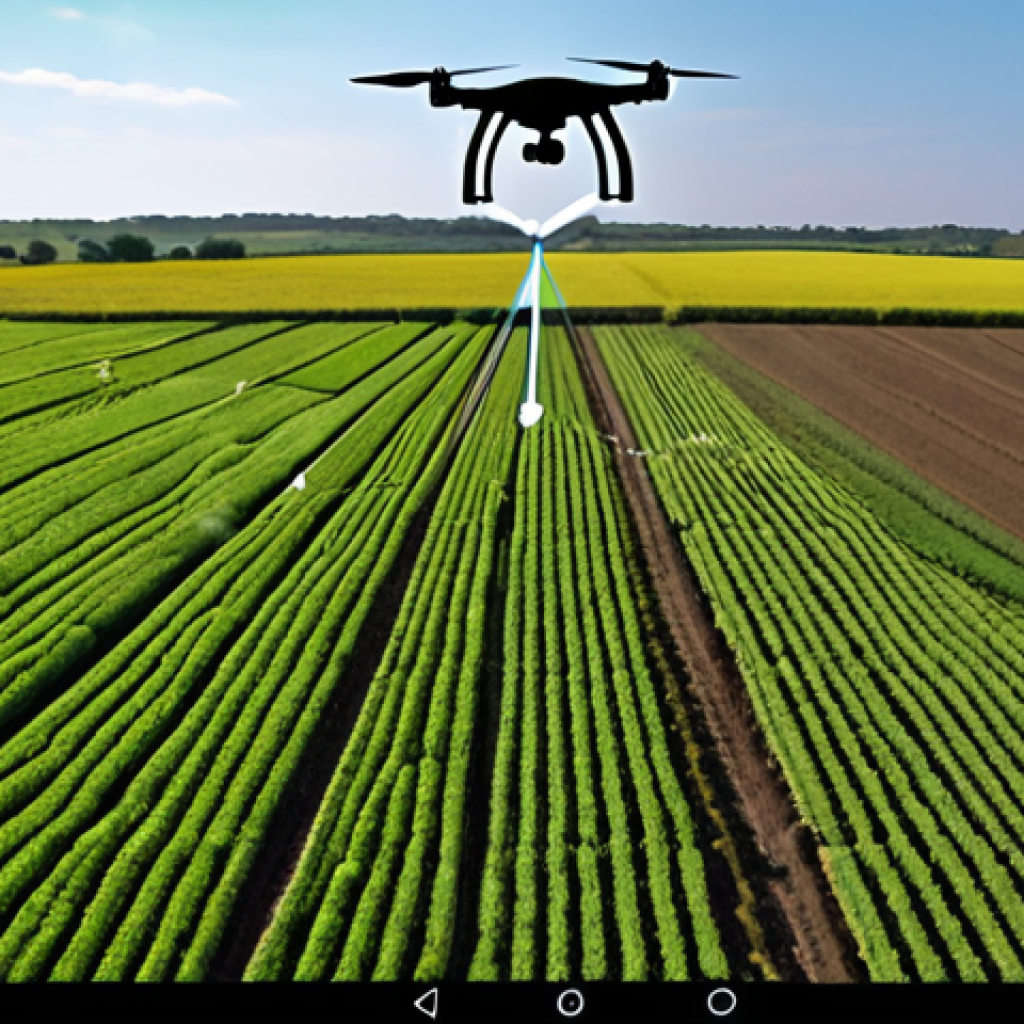 **

A high-angle shot of a vast, green field. A sophisticated drone flies overhead, capturing data with advanced sensors. The data is visualized as a heatmap overlaid on the field, highlighting areas needing attention (water, nutrients). In the foreground, a farmer reviews this data on a tablet with a holographic projection of crop health metrics. Focus on conveying a sense of technological advancement and precision agriculture.  Keywords: Drone, agriculture, AI, data visualization, precision farming, farmland, smart technology, tablet, farmer.

**