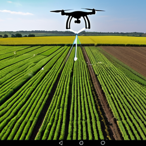 Home 11 **
A high-angle shot of a vast, green field. A sophisticated drone flies overhead, capturing data with advanced sensors. The data is visualized as a heatmap overlaid on the field, highlighting areas needing attention (water, nutrients). In the foreground, a farmer reviews this data on a tablet with a holographic projection of crop health metrics. Focus on conveying a sense of technological advancement and precision agriculture. Keywords: Drone, agriculture, AI, data visualization, precision farming, farmland, smart technology, tablet, farmer.
**