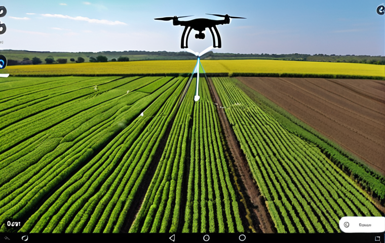 **
A high-angle shot of a vast, green field. A sophisticated drone flies overhead, capturing data with advanced sensors. The data is visualized as a heatmap overlaid on the field, highlighting areas needing attention (water, nutrients). In the foreground, a farmer reviews this data on a tablet with a holographic projection of crop health metrics. Focus on conveying a sense of technological advancement and precision agriculture. Keywords: Drone, agriculture, AI, data visualization, precision farming, farmland, smart technology, tablet, farmer.
**