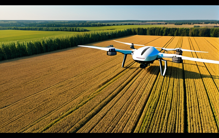 **Prompt:** "A vast, vibrant agricultural field under a clear sky in a Russian rural landscape. A sleek, futuristic agricultural drone equipped with multispectral cameras and precise spraying nozzles is actively flying over a section of the field, performing targeted operations. Subtle digital overlays or holographic projections indicate areas requiring attention, moisture levels, and early signs of pest infestation, illustrating data-driven precision farming. In the background, a modern, minimalist farm building suggests a high-tech control center. The image conveys efficiency, technological advancement, and a bird's-eye view of smart agriculture. Wide shot, golden hour lighting, sharp focus, high detail."