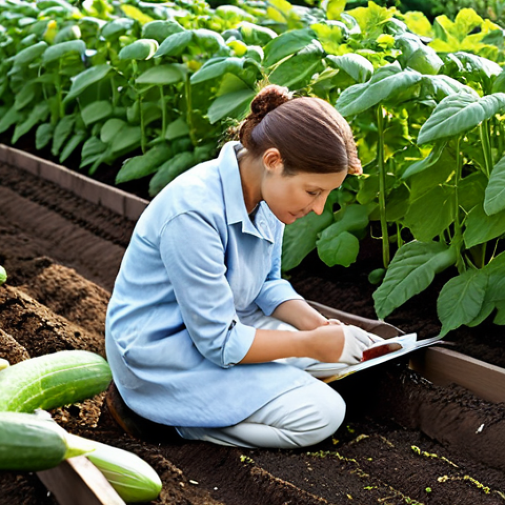 Analyzing Soil in a Kitchen Garden**

"A woman, dressed in practical gardening clothes (fully clothed, appropriate attire), is carefully examining a soil sample in her dacha garden. She has a small soil testing kit and is taking notes. The background features rows of vegetable plants (tomatoes, cucumbers) growing healthily. Sunlight, professional photography, safe for work, appropriate content, family-friendly, perfect anatomy, natural proportions, well-formed hands, proper finger count, detailed textures, realistic."

**