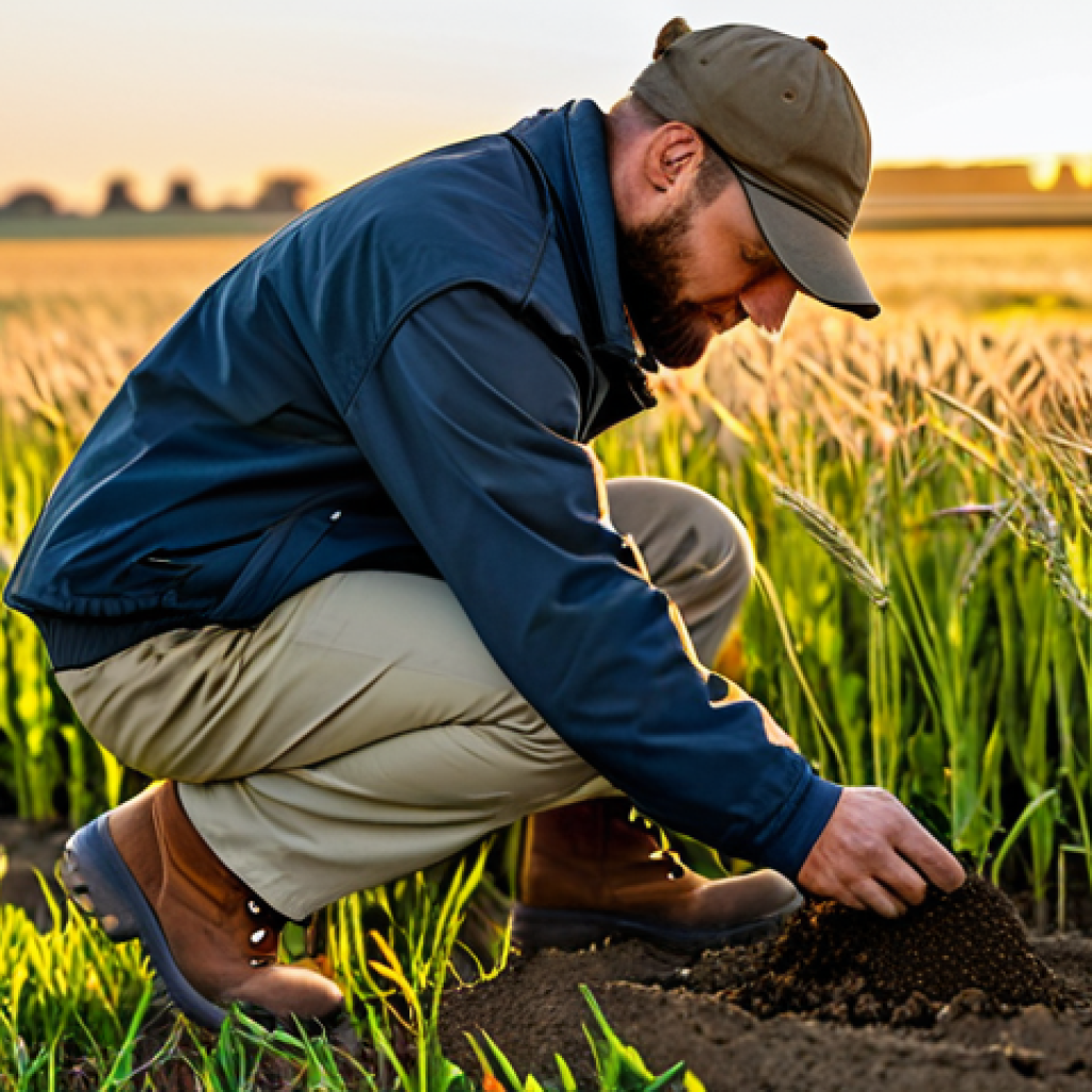 **

"A professional agronomist, fully clothed in appropriate field attire (khaki pants, work boots, and a light jacket), examining a soil sample in a wheat field at sunrise, safe for work, perfect anatomy, natural proportions, professional photography, warm lighting, golden hour, modest attire, family-friendly, high quality."

**