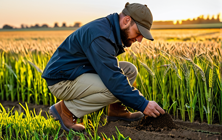 **

"A professional agronomist, fully clothed in appropriate field attire (khaki pants, work boots, and a light jacket), examining a soil sample in a wheat field at sunrise, safe for work, perfect anatomy, natural proportions, professional photography, warm lighting, golden hour, modest attire, family-friendly, high quality."

**