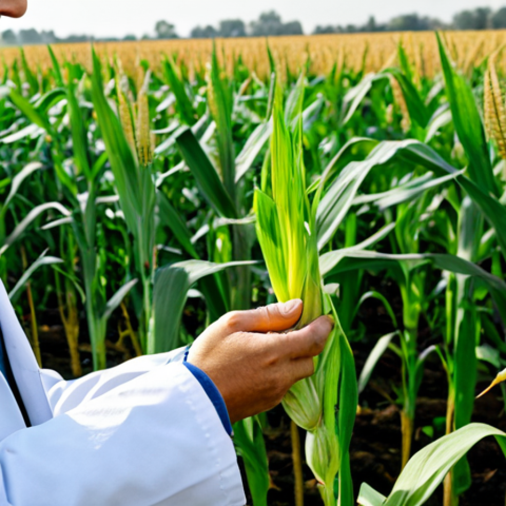 Genetically Modified Crops**

"A scientist in a fully clothed lab coat examining a healthy, vibrant cornfield. In the background, a diverse ecosystem thrives. Focus on responsible innovation and sustainable agriculture, appropriate content, safe for work, professional, perfect anatomy, natural proportions, well-formed hands."

**