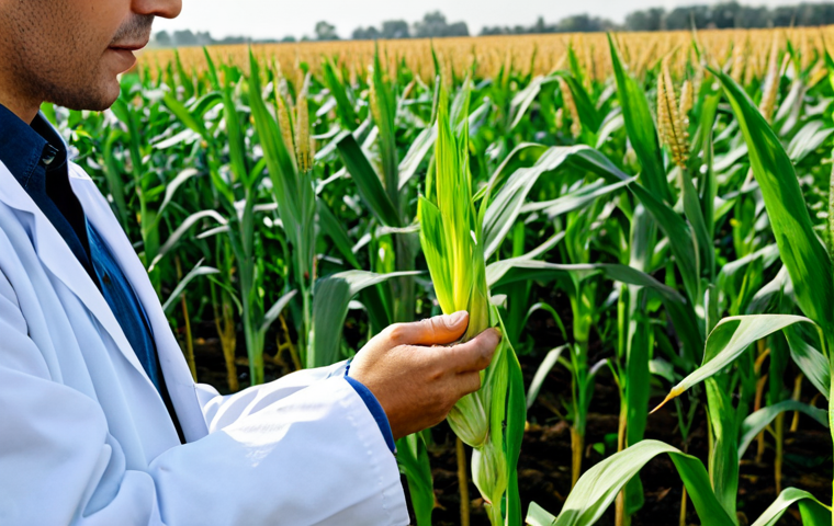 Genetically Modified Crops**

"A scientist in a fully clothed lab coat examining a healthy, vibrant cornfield. In the background, a diverse ecosystem thrives. Focus on responsible innovation and sustainable agriculture, appropriate content, safe for work, professional, perfect anatomy, natural proportions, well-formed hands."

**