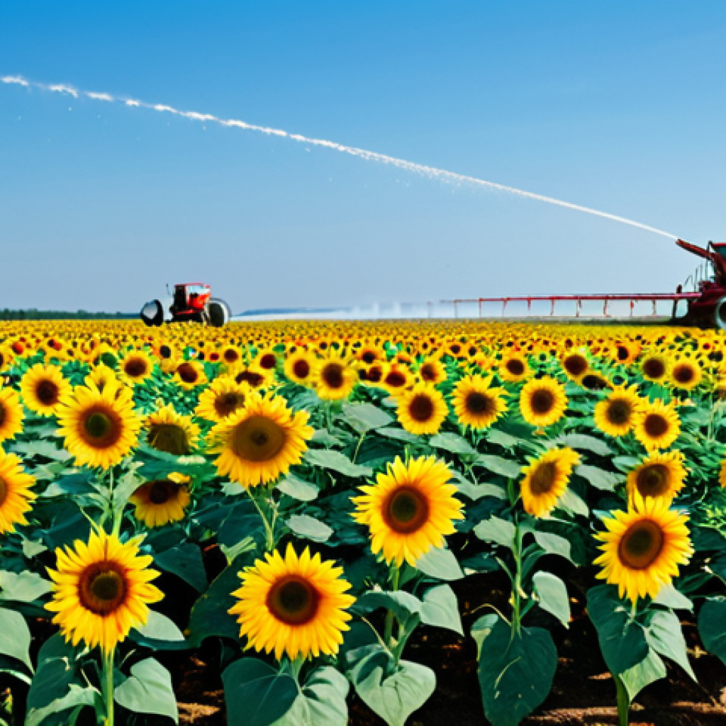 농업 원예 자동화 기술 - "Automated sprinkler system irrigating a field of sunflowers under a bright blue sky, fully clothed ...