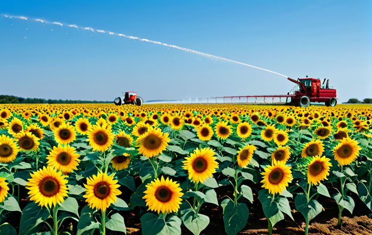 농업 원예 자동화 기술 - "Automated sprinkler system irrigating a field of sunflowers under a bright blue sky, fully clothed ...