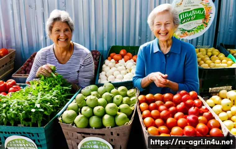 농업 환경 친화적 포장재 - **Prompt:** A bustling, sunlit farmer's market in a picturesque Russian village. Various fresh, ripe...