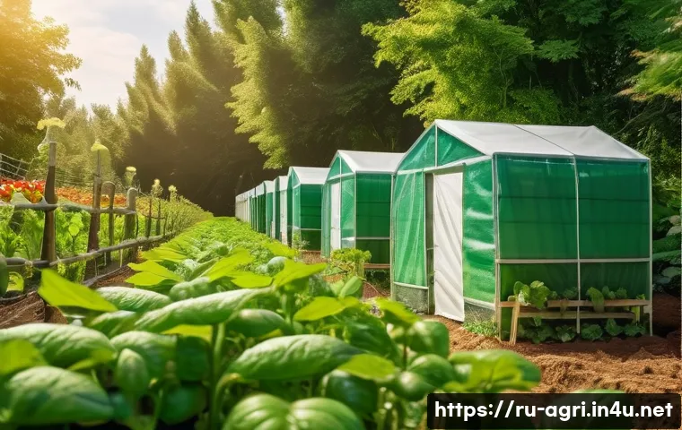 작물 보호제 종류 - A detailed and realistic garden scene showing a small organic farm during early morning light, with ...