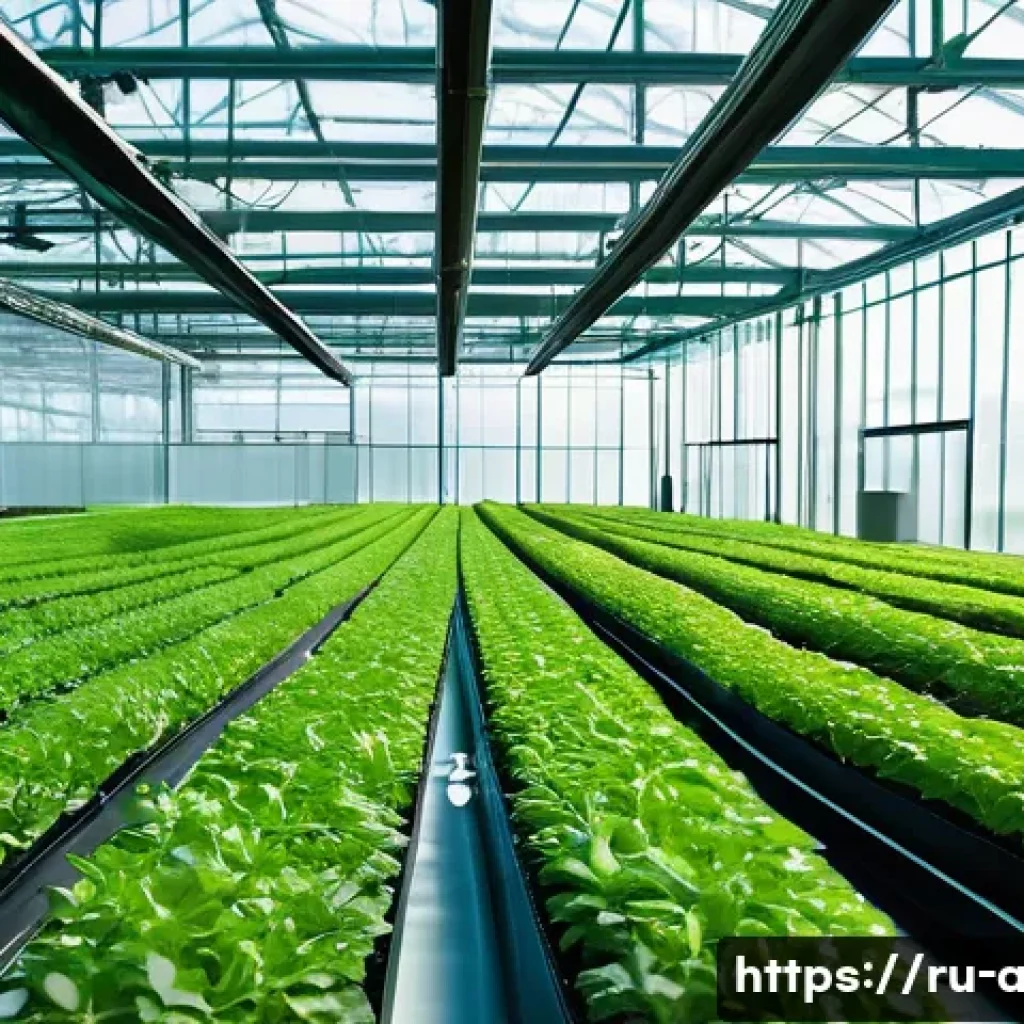 농업 자동 온실 시스템 - A modern greenhouse interior with advanced climate control technology, featuring numerous sensors mo...