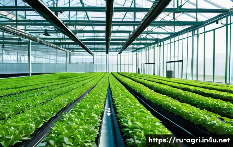 농업 자동 온실 시스템 - A modern greenhouse interior with advanced climate control technology, featuring numerous sensors mo...