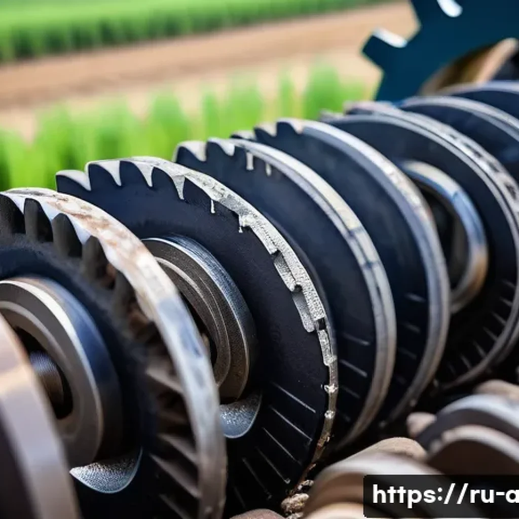 농업 기계 부품 기술 - A detailed close-up of agricultural machinery parts made from high-chromium nickel steel, showcasing...