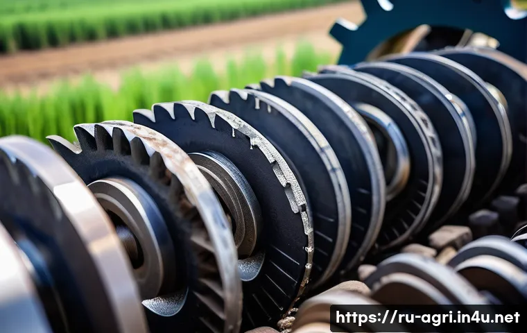 농업 기계 부품 기술 - A detailed close-up of agricultural machinery parts made from high-chromium nickel steel, showcasing...