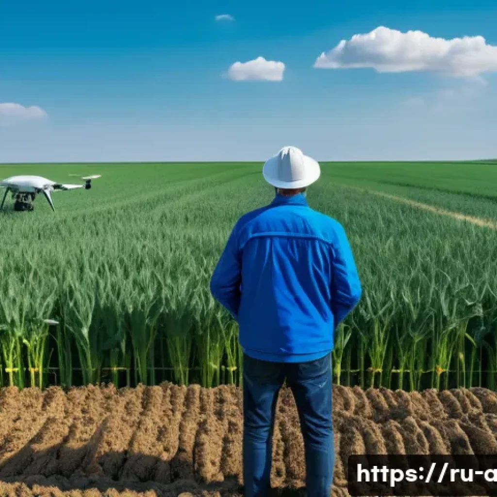 농업 관련 인공지능 윤리 - A modern agricultural farm scene in Russia during late spring, showcasing an AI-powered monitoring s...
