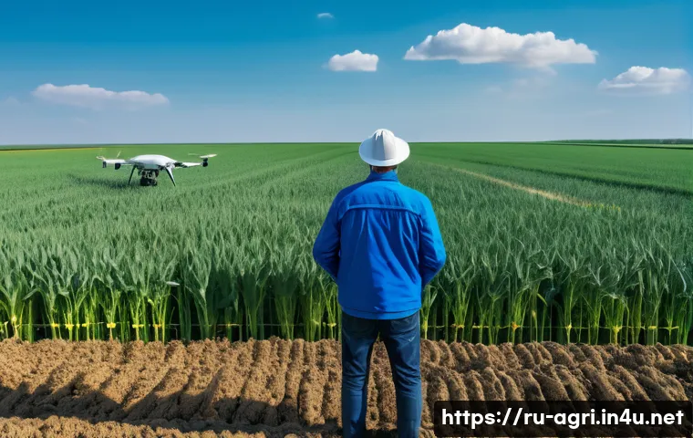 농업 관련 인공지능 윤리 - A modern agricultural farm scene in Russia during late spring, showcasing an AI-powered monitoring s...