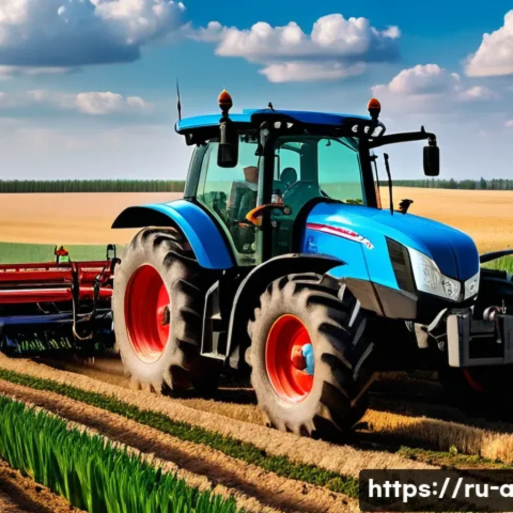 농업용 자율주행 기술 - A modern autonomous agricultural tractor working in a vast Russian wheat field under a cloudy sky, e...
