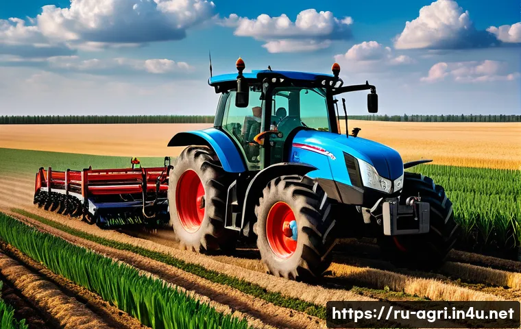 농업용 자율주행 기술 - A modern autonomous agricultural tractor working in a vast Russian wheat field under a cloudy sky, e...