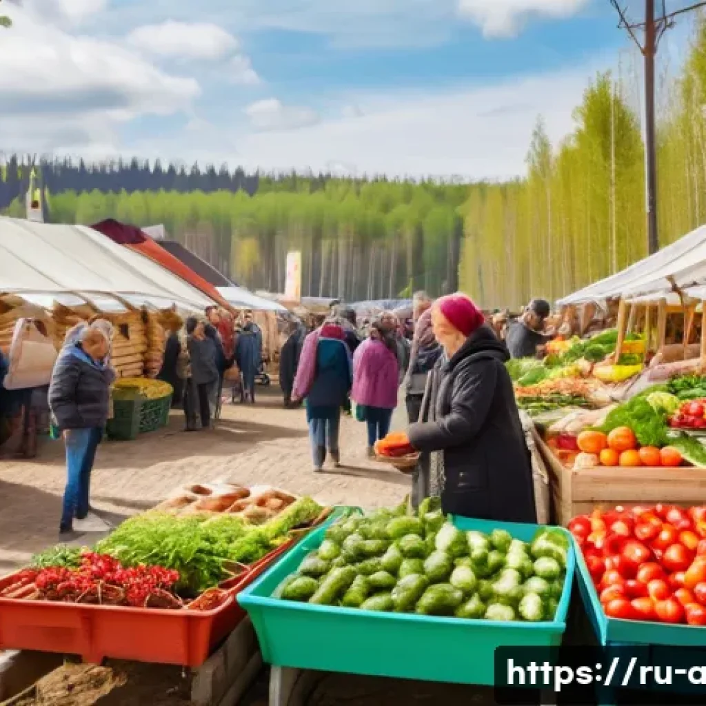 농업 스마트 마케팅 전략 - A vibrant rural farmer’s market scene in a Russian village, showing local farmers engaging warmly wi...