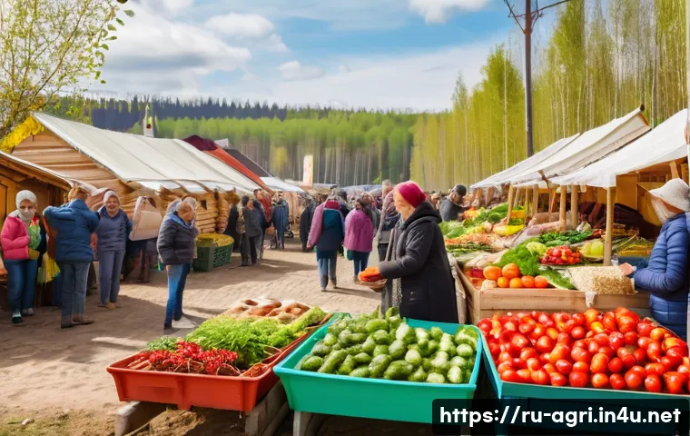 농업 스마트 마케팅 전략 - A vibrant rural farmer’s market scene in a Russian village, showing local farmers engaging warmly wi...