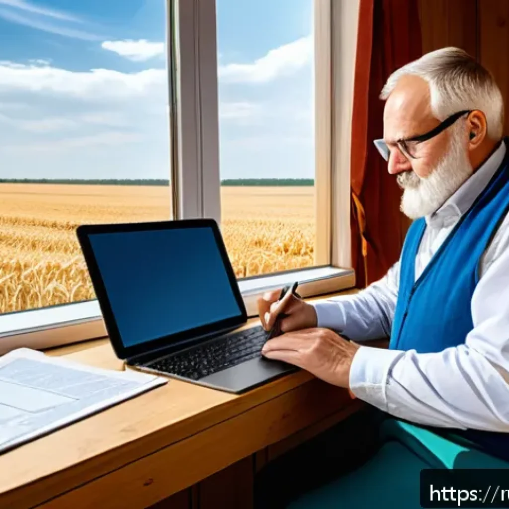 농업 스마트 계약 활용 - A modern Russian farm office scene showing a middle-aged farmer using a laptop to sign a smart contr...