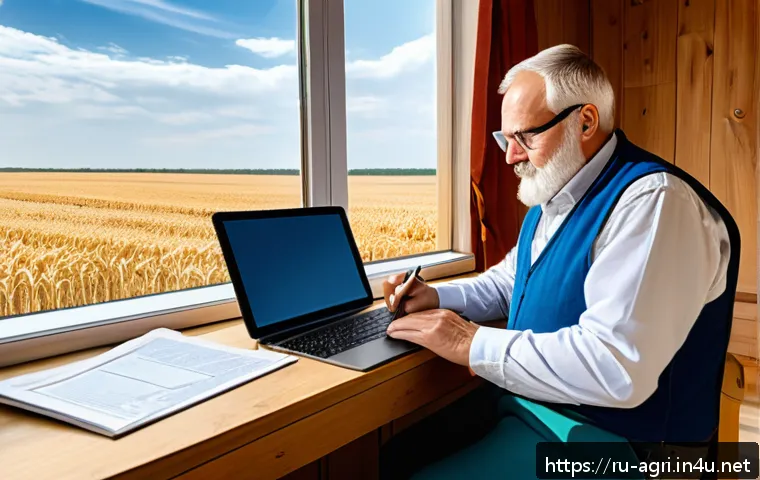 농업 스마트 계약 활용 - A modern Russian farm office scene showing a middle-aged farmer using a laptop to sign a smart contr...