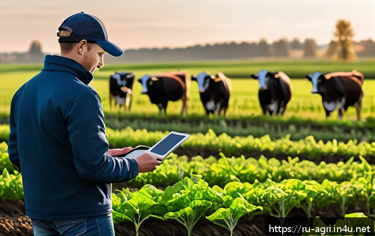 농업 디지털 패러다임 변화 - A modern Russian farm landscape during golden hour, featuring advanced agricultural technology: a fi...