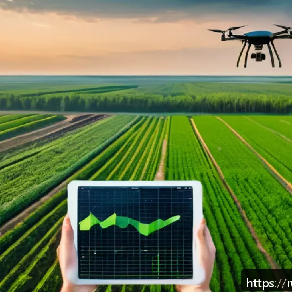 농업 머신러닝 적용 사례 - A modern Russian agricultural field monitored by drones and satellites at golden hour, showing lush ...