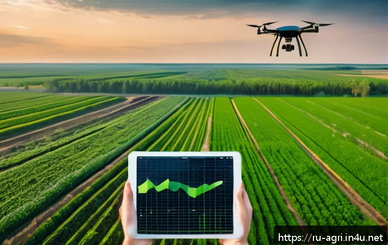 농업 머신러닝 적용 사례 - A modern Russian agricultural field monitored by drones and satellites at golden hour, showing lush ...