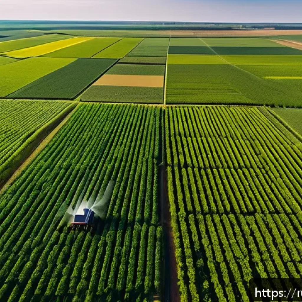 농업 탄소 절감 연구 - A modern Russian farm landscape during a sunny day, featuring agricultural drones flying low over va...