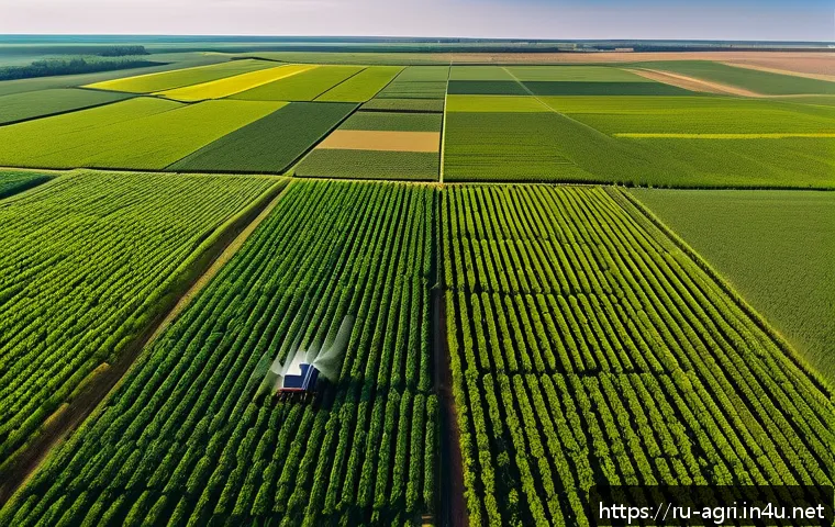 농업 탄소 절감 연구 - A modern Russian farm landscape during a sunny day, featuring agricultural drones flying low over va...
