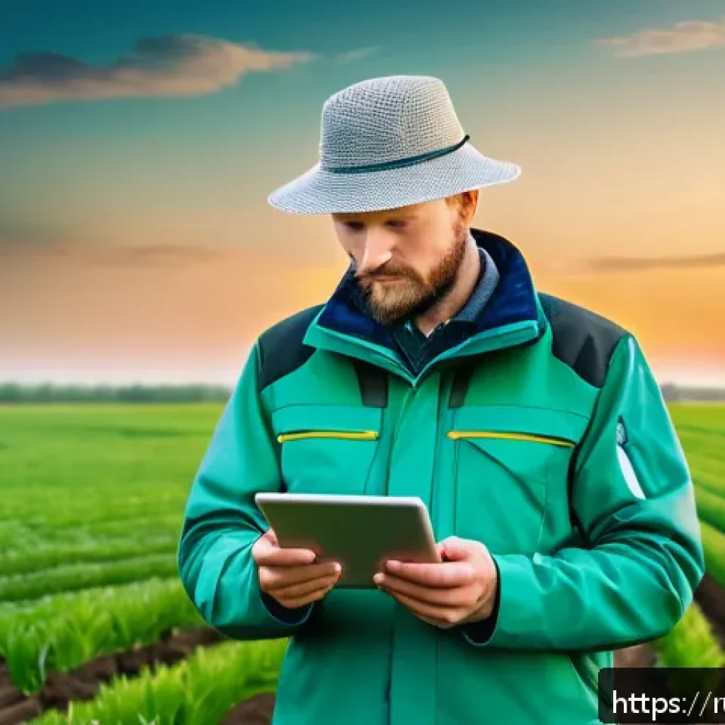 농업 관련 공공 데이터 활용 - A modern Russian farmer using a digital tablet outdoors in a vast agricultural field during sunrise,...