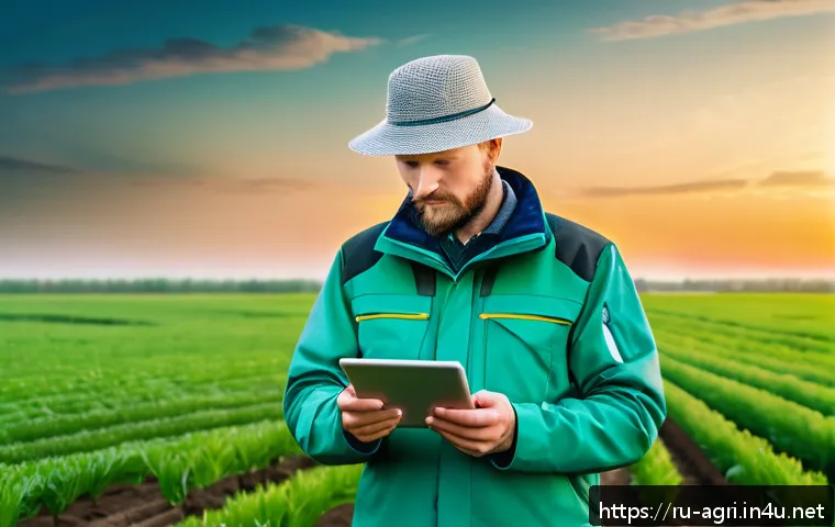 농업 관련 공공 데이터 활용 - A modern Russian farmer using a digital tablet outdoors in a vast agricultural field during sunrise,...