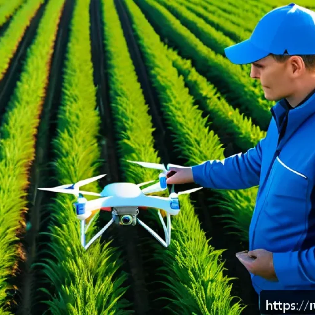 정밀 농업 기술 - A modern agricultural field in southern Russia during daylight, featuring a high-tech drone flying l...