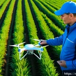 정밀 농업 기술 - A modern agricultural field in southern Russia during daylight, featuring a high-tech drone flying l...