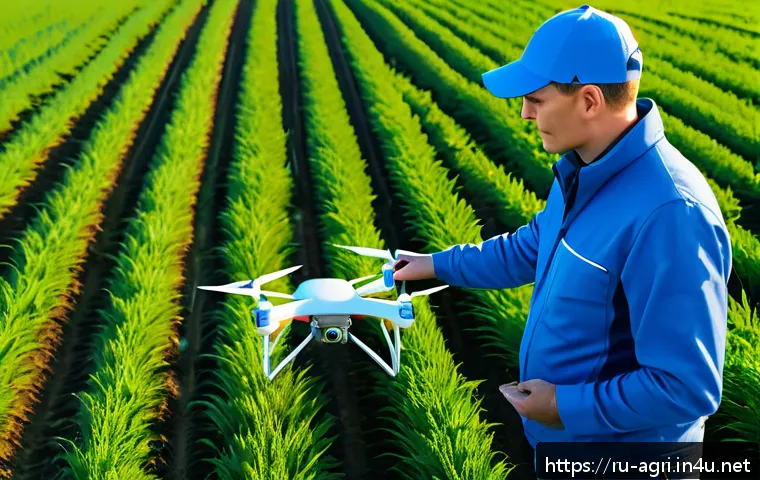 정밀 농업 기술 - A modern agricultural field in southern Russia during daylight, featuring a high-tech drone flying l...