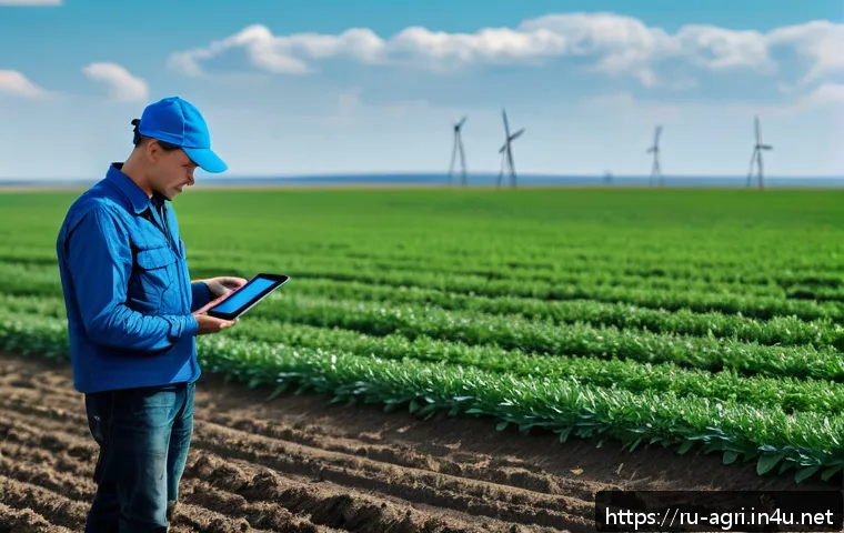 농업 스마트 공장 시스템 - A modern Russian agricultural field during daytime with advanced sensor systems visibly installed in...