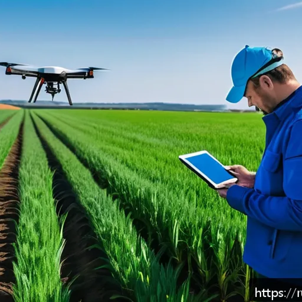 농업 과학 및 연구기관 - A modern Russian agricultural field scene during daylight, featuring a high-tech drone flying low ab...
