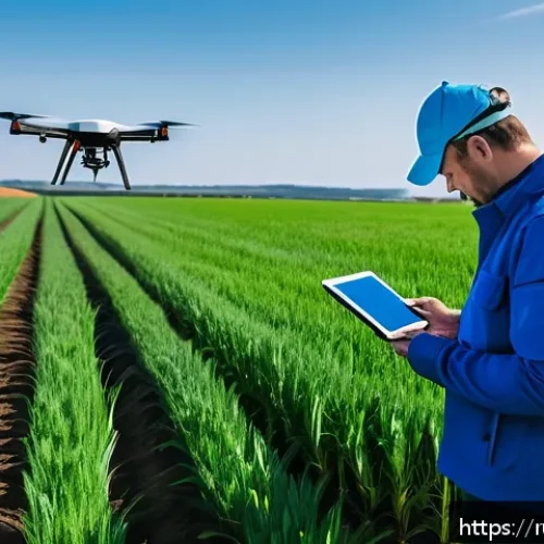 농업 과학 및 연구기관 - A modern Russian agricultural field scene during daylight, featuring a high-tech drone flying low ab...