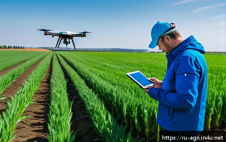 농업 과학 및 연구기관 - A modern Russian agricultural field scene during daylight, featuring a high-tech drone flying low ab...
