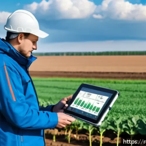 농업 소프트웨어 개발 사례 - A modern Russian farm landscape featuring a large field with digital sensors and satellite imagery o...