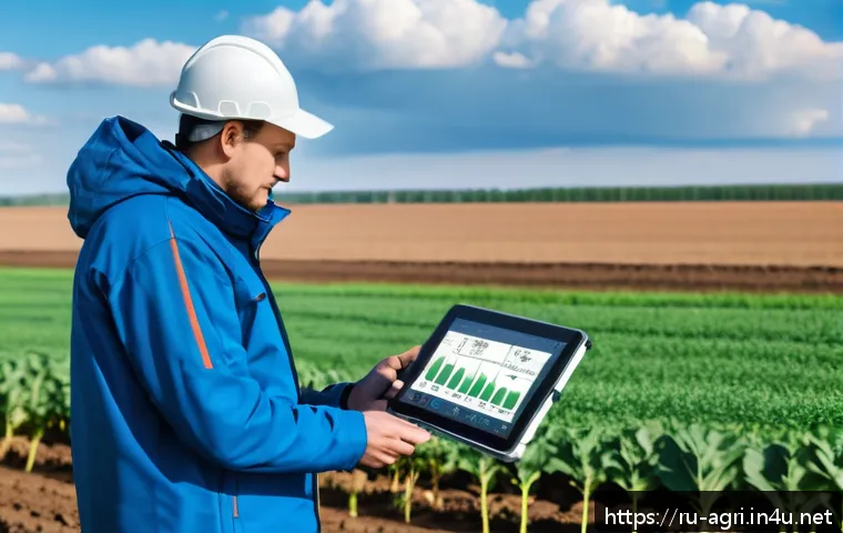 농업 소프트웨어 개발 사례 - A modern Russian farm landscape featuring a large field with digital sensors and satellite imagery o...