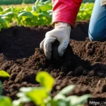 농업 환경 보전 - A vibrant organic farm scene in rural Russia during early autumn, showing rich, dark soil with visib...