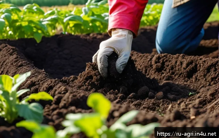 농업 환경 보전 - A vibrant organic farm scene in rural Russia during early autumn, showing rich, dark soil with visib...