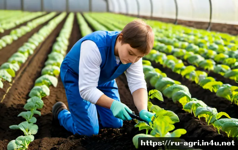 Home 17 농업 미생물 활용 - Photorealistic springtime Russian vegetable farm, an agronomist in practical work clothes examining ...