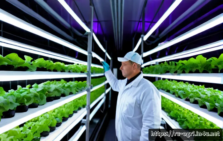 Home 17 농업 식물 공장 운영 - Photorealistic modern indoor vertical farm in Russia, a middle-aged agricultural technician in clean...