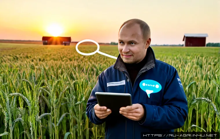 농업 AI 챗봇 활용 - Photorealistic Russian grain farmer in a practical jacket and boots standing beside a wheat field at...